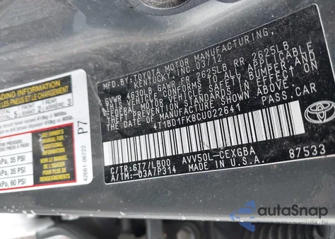 2012 Toyota Camry Hybrid Xle z USA, uszkodzony, nr VIN 4T1BD1FK8CU022641